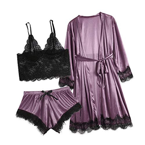 Atezch_ Women 3PC Lace Sleepwear Set- Sexy Cami Lingerie and Shorts and Robe with Belt- Nightwear Bodydoll Suit -Purple- L- Atezch_ Women 3PC Lace Sleepwear Set- Sexy Cami Lingerie and Shorts and Robe with Belt- Nightwear Bodydoll Suit -Purple- L-
