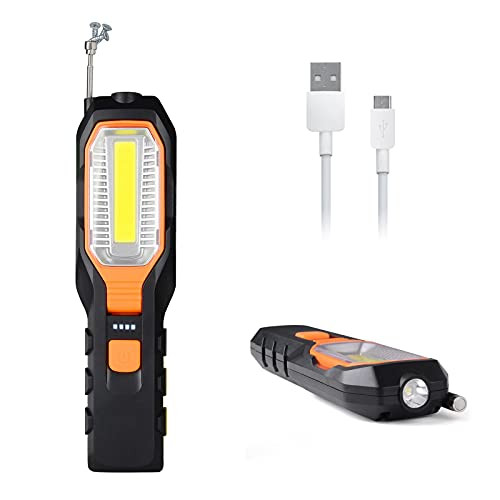 Virnato Rechargeable LED Work Light- Portable COB Work Lights with Back and Antenna Magnetic- Multifunction 4 Modes Flashlight Inspection Light for Car Repair- Outdoor Camping- Emergency- Hiking -Orange-