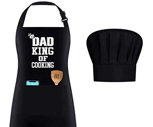 Funny Grill Apron for Men - Dad King of Cooking -Birthday Gifts for Dad-Dad Apron Chef Hat Set with Pocket-Adjustable Water-Resistant BBQ Aprons for Kitchen Grilling-Baking-Dad-