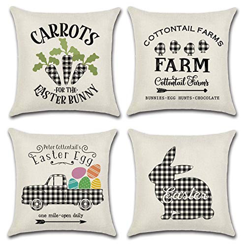 Easter Throw Pillow Covers Rabbit Bunny Carrots Truck with Eggs Farmhouse Black and White Buffalo Check Plaid Home Decor Cushion Covers Pillowcase Cotton Linen Decorative Square 18x18 Set of 4