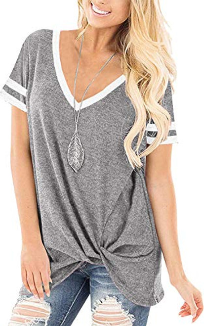Womens Short Sleeve Striped T Shirt Loose V Neck Twist Knot Tunic Blouse Tops Grey Womens Short Sleeve Striped T Shirt Loose V Neck Twist Knot Tunic Blouse Tops Grey