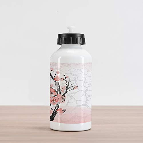 Lunarable Floral Aluminum Water Bottle- Japanese Cherry Blossom Sakura Tree Branch Soft Pastel Watercolor Print- Aluminum Insulated Spill-Proof Travel Sports Water Bottle- Coral Pale Pink Grey
