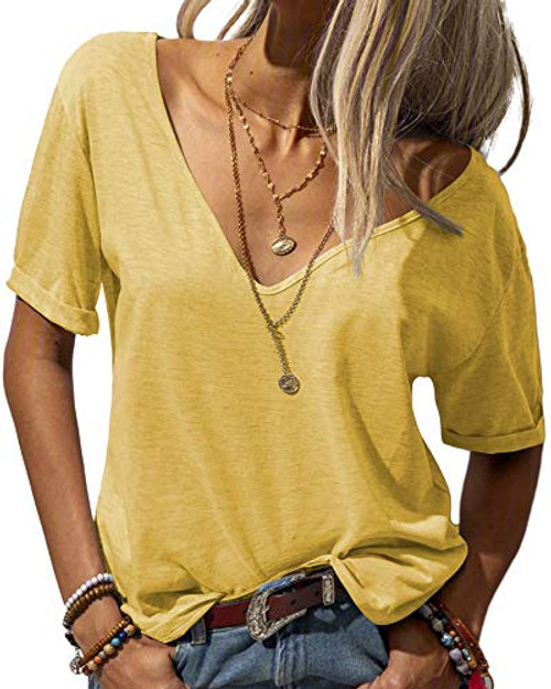 Danedvi Women Fashion Deep V-Neck Short Sleeve Tops Solid Casual Loose Basic T Shirt Yellow Danedvi Women Fashion Deep V-Neck Short Sleeve Tops Solid Casual Loose Basic T Shirt Yellow