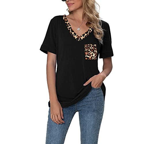 Aoysky Women's Leopard Pocket Tops V Neck Summer Short Sleeve T Shirt Casual Loose Tee Blouse Black