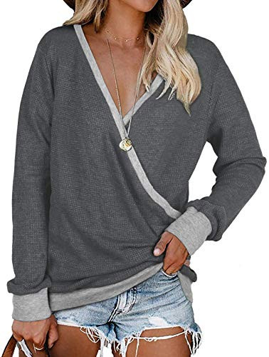 Women's V Neck Waffle Knit Pullover Sweater Long Sleeve Wrap Tops Grey-XXL