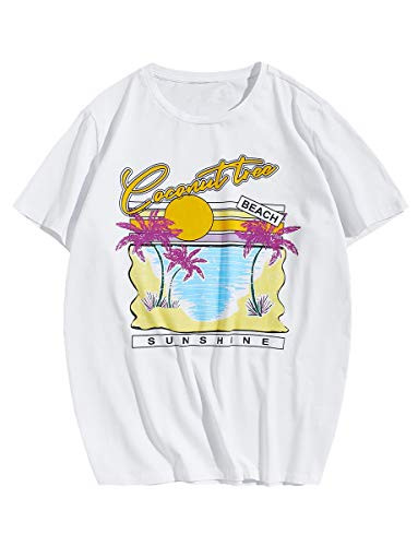 Romwe Men's Casual Summer Graphic Short Sleeve Crewneck Basic T Shirt Tee Tops White M