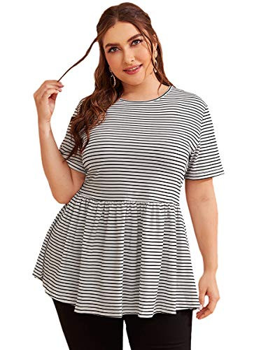 Romwe Women's Plus Size Summer Loose Striped Ruffle Hem High Low Peplum Blouse Top White Striped 3XL