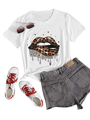 Romwe Women's Plus Size Lips Leopard Print T Shirt Short Sleeve Basic Graphic Tee Tops White 3XL