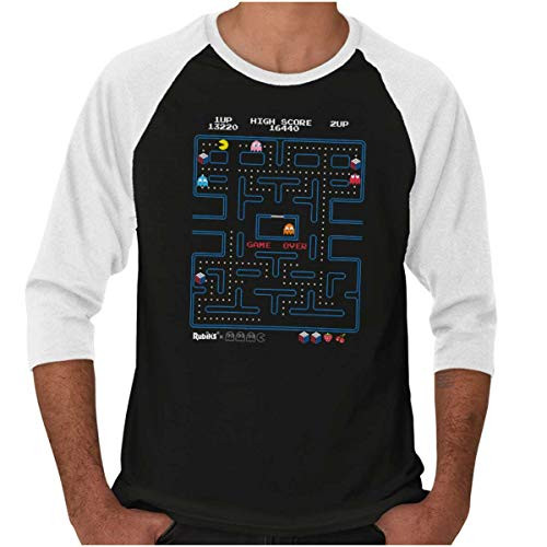 Brisco Brands Rubik's Pacman 1980s Gamer 3/4 Sleeve Tee Men Women Black/White