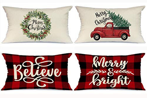 AENEY Buffalo Plaid Christmas Pillow Covers 12x20 Set of 4 Lumbar Marry Bright Christmas Pillows Winter Holiday Throw Pillows Farmhouse Christmas Decor Red Truck Xmas Decorations for Couch A266-12 AENEY Buffalo Plaid Christmas Pillow Covers 12x20 Set of 4 Lumbar Marry Bright Christmas Pillows Winter Holiday Throw Pillows Farmhouse Christmas Decor Red Truck Xmas Decorations for Couch A266-12