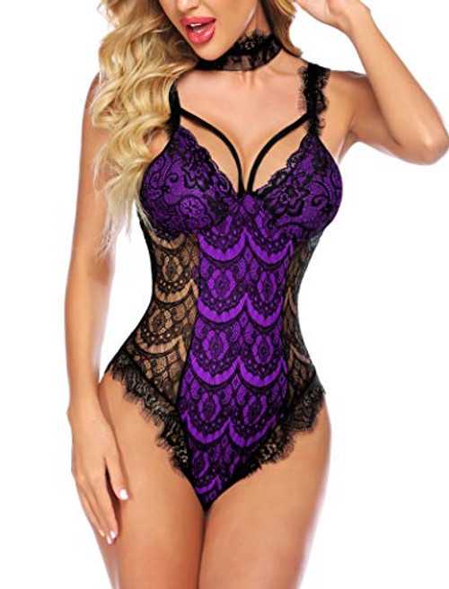 ADOME Women Snap Crotch Lingerie with Chocker One Piece Teddy Eyelash Lace Bodysuit-Purple-M- ADOME Women Snap Crotch Lingerie with Chocker One Piece Teddy Eyelash Lace Bodysuit-Purple-M-