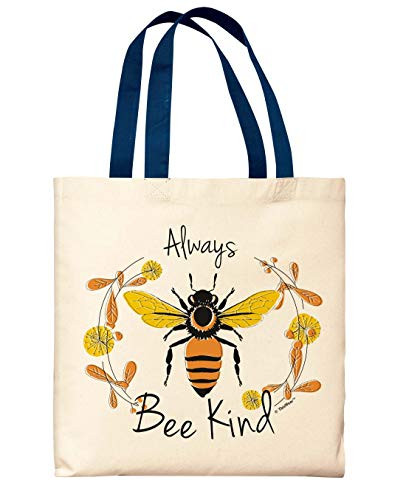 Cute Bee Tote Bag Inspirational Quote Always Bee Kind Pun Navy Handle Canvas Tote Bag