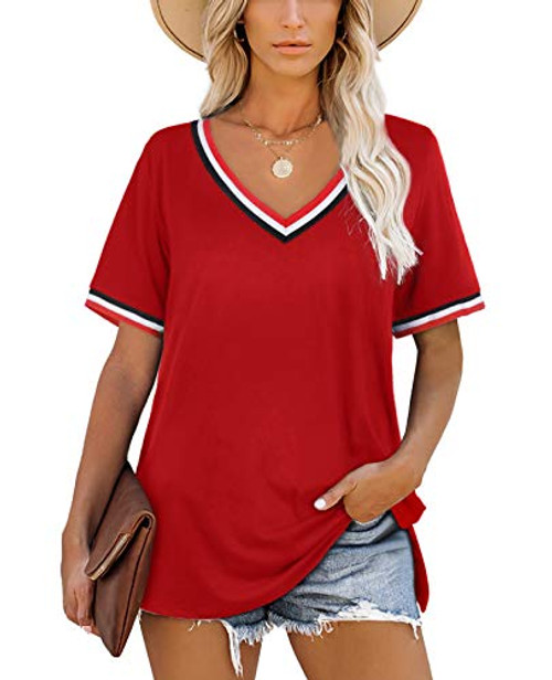 Womens V Neck T Shirts Loose Fit Short Sleeve Tshirts Casual Summer Tops Red L Womens V Neck T Shirts Loose Fit Short Sleeve Tshirts Casual Summer Tops Red L