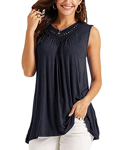Eurivicy Womens Sleeveless Tank Top Crochet Hollow Flowy Summer Casual Loose Tunic Shirt Navy