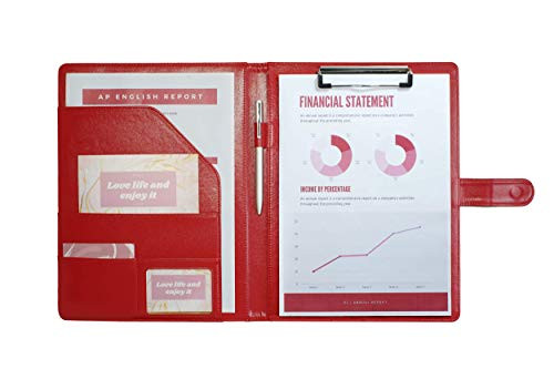 Mymazn Padfolio Clipboard Folder Portfolio- Faux Leather Storage Clipboard with Cover for Legal Pad Holder Letter Size A4 Writing Pad for Business School Office Conference Notepad Clip Boards -Red-
