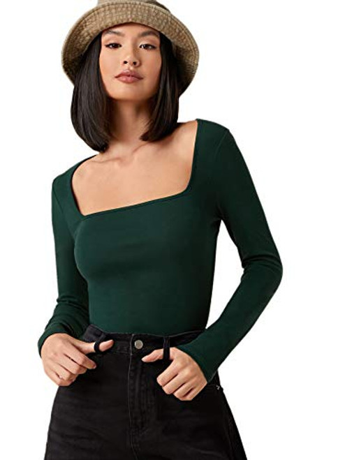 Verdusa Women's Basic Square Neck Long Sleeve Solid Slim Fitted T-Shirt Top Dark Green S