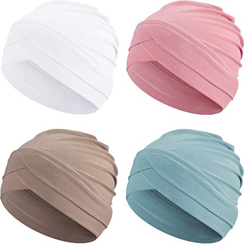 4 Pieces Women Turban Hats Slouchy Sleep Cap Headwrap Slap Headwear -Mint Green- Khaki- White- Light Pink-