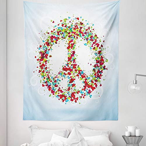 Ambesonne Groovy Tapestry Twin Size- Peace Made by Hearts Unity Lack Conflict No More Hostility Theme Illustration- Wall Hanging Bedspread Bed Cover Wall Decor- 68inch X 88inch- Multicolor