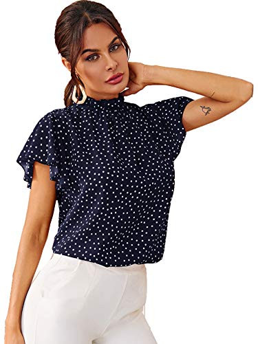 MakeMeChic Women's Allover Print Ruffle Short Sleeve Mock Neck Casual Blouse Shirt Top Navy S