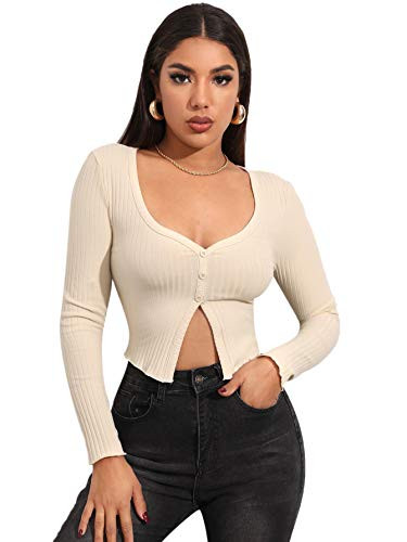 MakeMeChic Women's Button Front Rib Knit Long Sleeve Fitted Crop Tee Top Beige XS