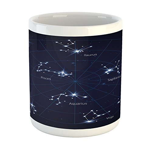 Ambesonne Constellation Mug- Sky Star Map with Geometric Circle Space Night Horoscopes Chart Dark- Printed Ceramic Coffee Mug Water Tea Drinks Cup- Dark Blue White