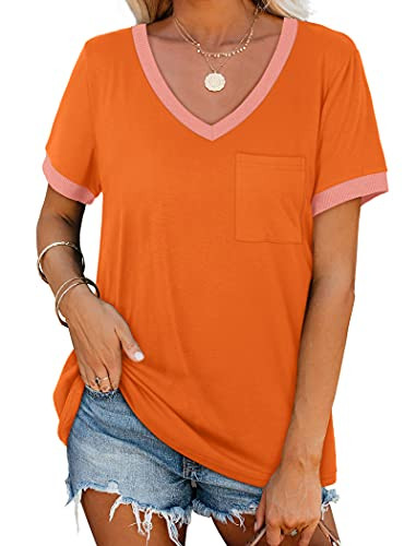 NSQTBA Summer Clothes for Women V Neck Short Sleeve Shirts with Pocket Orange L