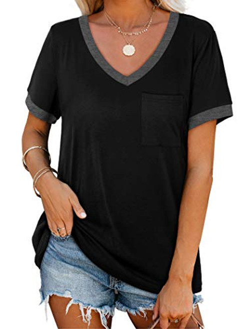 NSQTBA Black V Neck T Shirts for Women Soft Short Sleeve Tops Basic Tees L