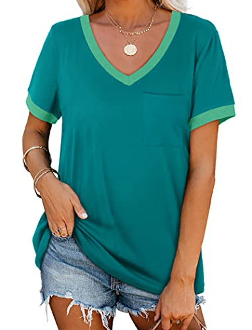 NSQTBA Womens Shirts Summer Casual Short Sleeve V Neck Tops Blue 2XL NSQTBA Womens Shirts Summer Casual Short Sleeve V Neck Tops Blue 2XL