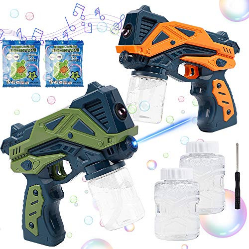 ATDAWN 2 Bubble Guns with 2 Bottles Bubble Solution Refill- Bubble Maker Blower for Kids and Toddlers- Summer Bubble Blaster Toy- Kids Bubble Machine