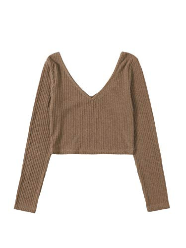 Floerns Women's Casual Solid Rib Knit Tee V Neck Long Sleeve Crop Tops Tee Camel M