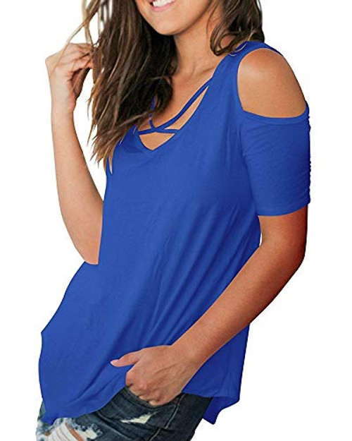 Cold Shoulder Tops Short Sleeve T Shirts V Neck Blouse Casual Criss Cross Tunic -Royal Blue- M-