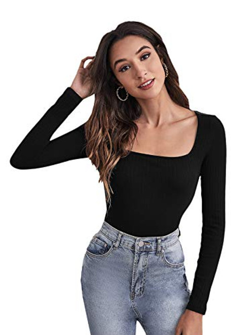 SweatyRocks Women's Long Sleeve Scoop Neck Tee Top Slim Fit Ribbed Knit T-Shirt Black S