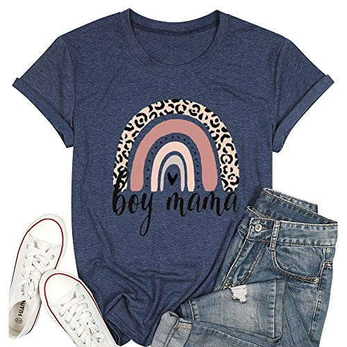 T and Twenties Boy Mama T Shirt for Women Funny Mom Life Rainbow Print Tees Short Sleeve Mom Gift Shirts Tops