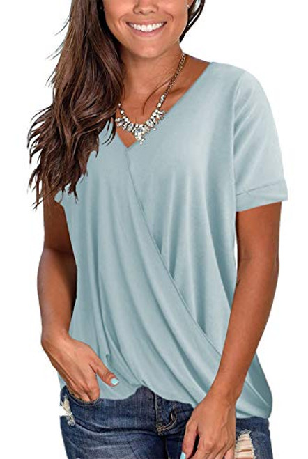 TongKiKi Women's Summer Loose Fit T Shirt Short Sleeve V Neck Tops-Light Blue-L TongKiKi Women's Summer Loose Fit T Shirt Short Sleeve V Neck Tops-Light Blue-L