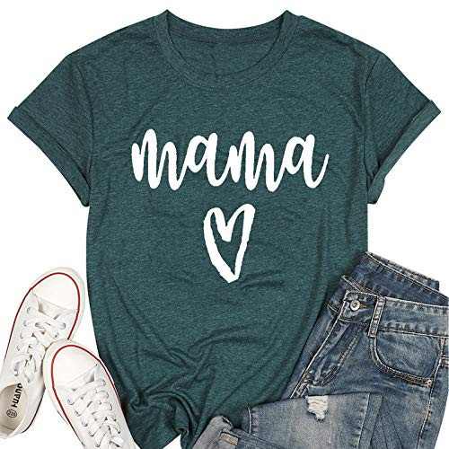 KIDDAD Mama Tshirt Womens Mama Heart Graphic Shirts Mom Letter Printed T-Shirt Funny Short Sleeve Tops Blouse -Green- XL-