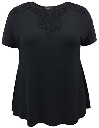 LEEBE Women's Plus Size Round Neck Short Sleeve Crochet Shoulder Swing Top -1X-5X- -1X- Black-