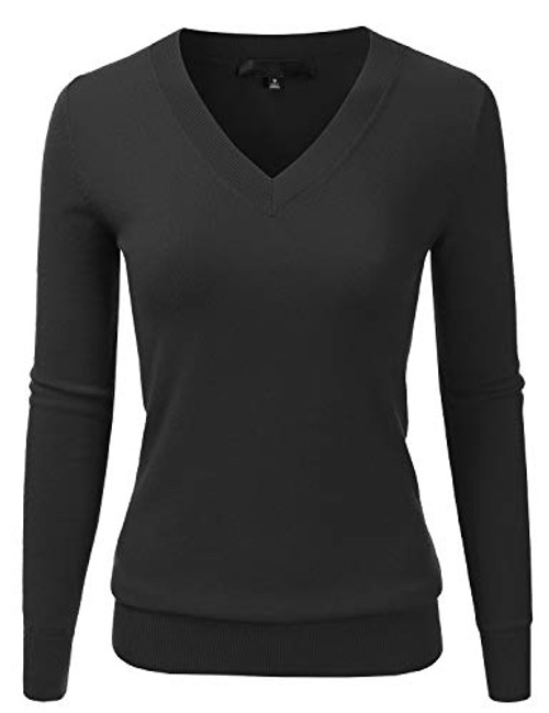 EIMIN Women's Long Sleeve V-Neck Slim Fit Pullover Soft Knit Top Sweater Black XL