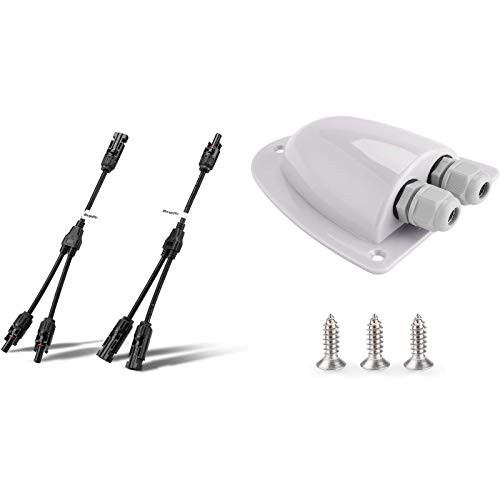 BougeRV Solar Connectors Y Branch Parallel Adapter Cable Wire Plug Tool Kit with White Solar Double Cable Entry Gland Box- RV roof Waterproof ABS Solar Entry housing