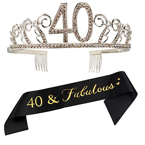 40th Birthday Tiara and Sash - 40 & Fabulous Gold Satin Sash and Crystal Tiara Birthday Crown for 40th Birthday Party Supplies and Decorations Set/BC