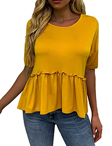 ASUOAgio Womens Summer Tops Drop Shoulder Ruffle Hem Round Neck High Low Peplum Blouse- Mustard- Large