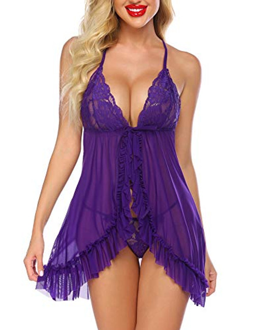 Avidlove Women Lace Lingerie Front Closure Babydoll V Neck Nightwear Sexy Chemise Nightie Purple