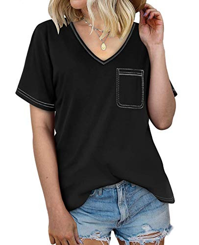 Jodimitty T Shirts Short Sleeve for Womens V Neck Casual Basic Summer Tops Loose Fit Solid Color Tee Shirts-Black- Large-