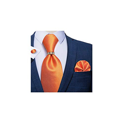 DiBanGu Silk Burnt Orange Tie and Pocket Square Cufflinks Tie Ring Set Mens Solid Formal Necktie 5PCS