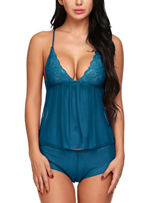Avidlove Women Lingerie Lace Pajamas Set 2 Piece Babydoll Set Cami Shorts Nightwear Peacock Blue M Avidlove Women Lingerie Lace Pajamas Set 2 Piece Babydoll Set Cami Shorts Nightwear Peacock Blue M