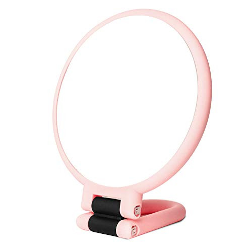10x Magnifying Handheld Mirror-Travel Folding Hand Held Mirror-Double Sided Pedestal Makeup Mirror With 1/10x Magnification-5inch Compact Size-Portable Vanity Standing Round Cosmetic Mirror (Pink)