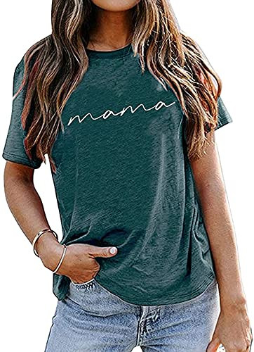ASTANFY Mama Shirts Women Mama Letter Printed T-Shirt Mama Graphic Tee Casual Short Sleeve Tops Tee -Dark Green- Large-