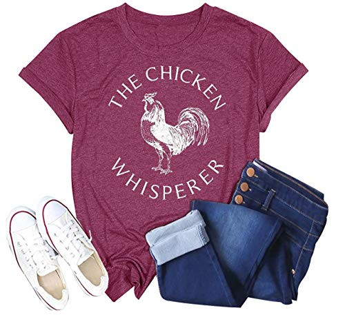 Women The Chicken Whisperer T-Shirt Funny Chicken Graphic Tops Casual Short Sleeve Tee Tops -Red- M-