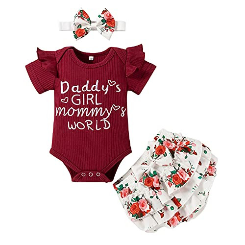 Newborn Baby Girl Short Outfits Infant Romper Ruffle Onesies Floral Pants Headband Cute Baby Girl Clothes Set -Wine Red- 9-12 Months-
