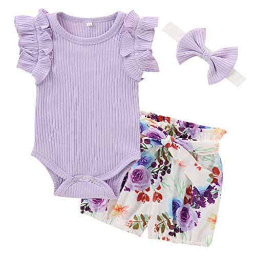 Infant Baby Girl Clothes Cute Summer Outfits Romper Ruffle Bodysuit Floral Flower Shorts Headband 3PCS -12-18 Months-