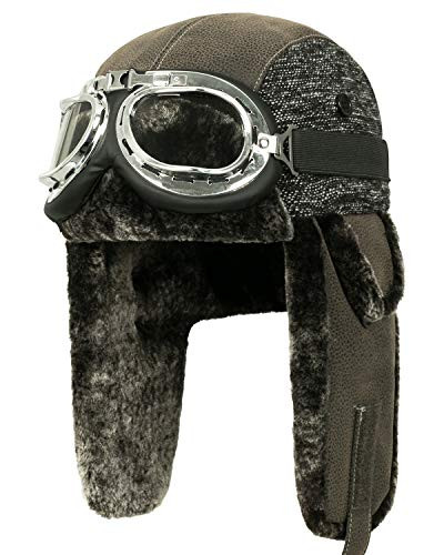 ililily Aviator Hat Winter Snowboard Fur Ear Flaps Trooper Trapper Pilot Goggles -One Size- Mixed Brown/Silver-
